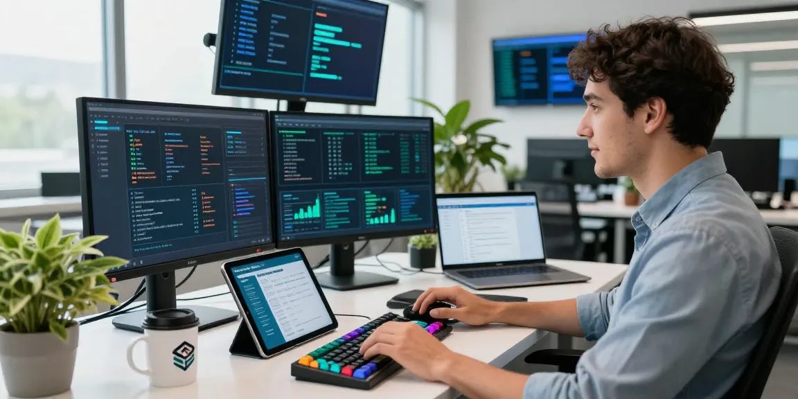 CyberSmart cybersecurity analyst working diligently in a modern workspace with multiple screens displaying security metrics and compliance tools.
