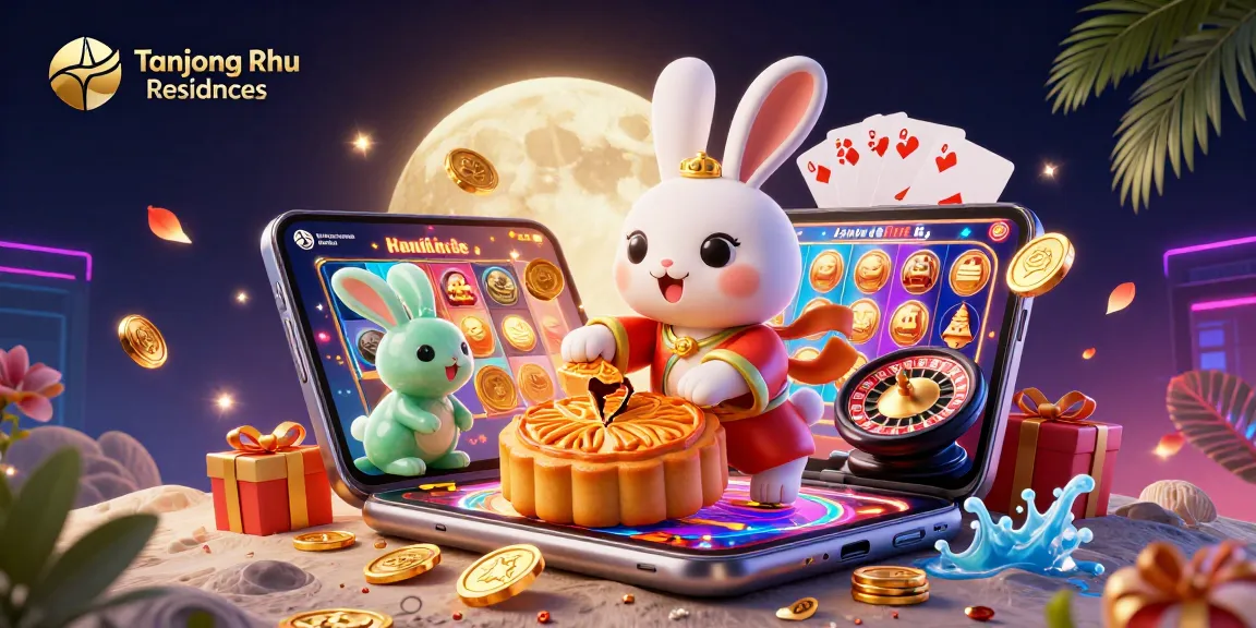 Tanjong Rhu Residences showcases a magical scene with moon rabbits, poker chips, and dynamic slot game elements.