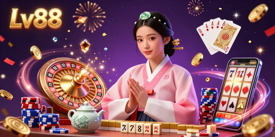Experience the vibrant atmosphere at Lv88 with a graceful Asian woman amidst golden coins and sparkling gems.