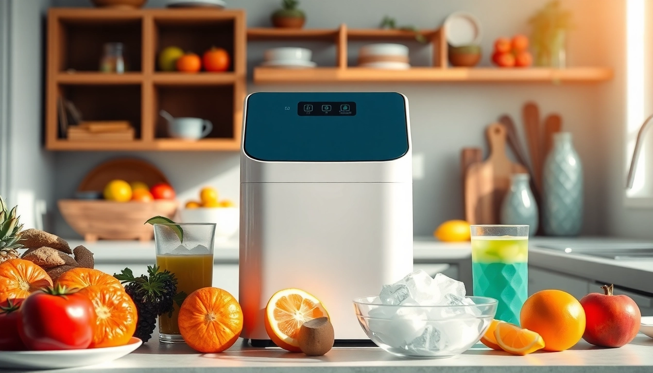Affordable ice maker shining on a kitchen countertop surrounded by beverages and fruits.