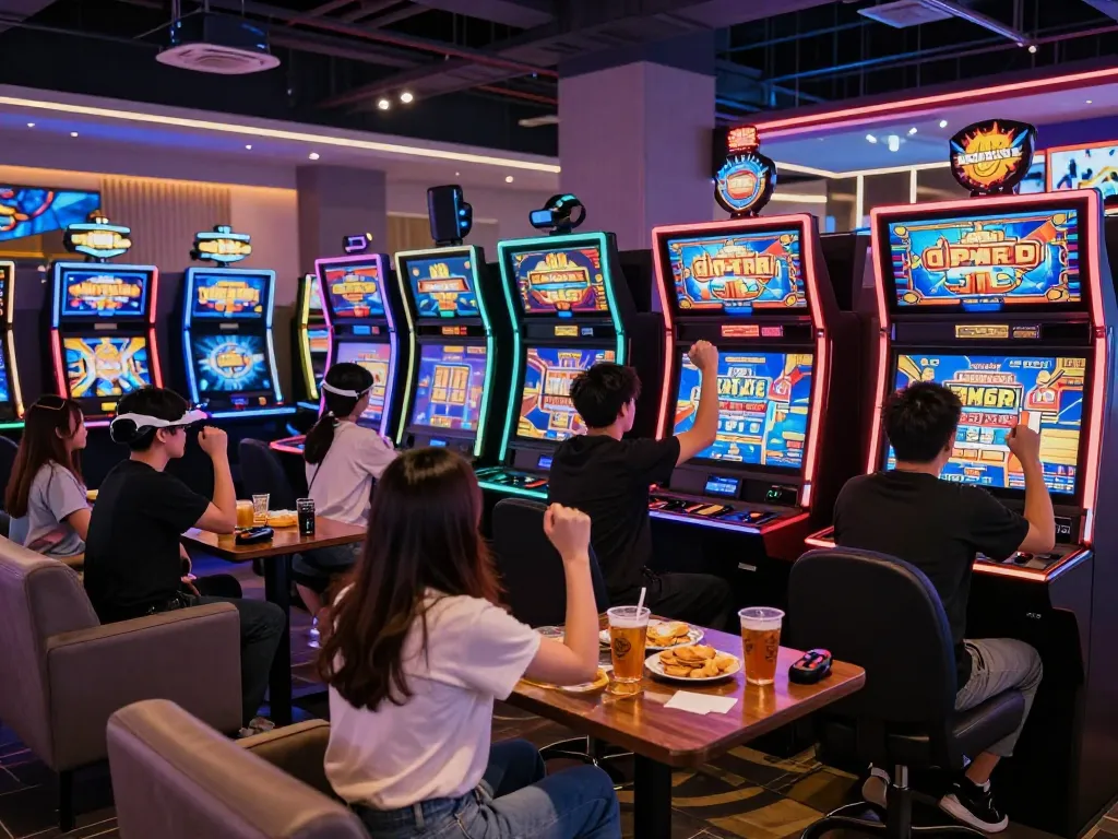 Adegan menarik para pemain menikmati permainan situs slot dalam lingkungan permainan yang penuh warna.