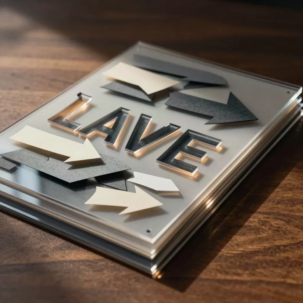 Acetate motion-graphics layers, paper arrows, and acrylic title form on a walnut surface.