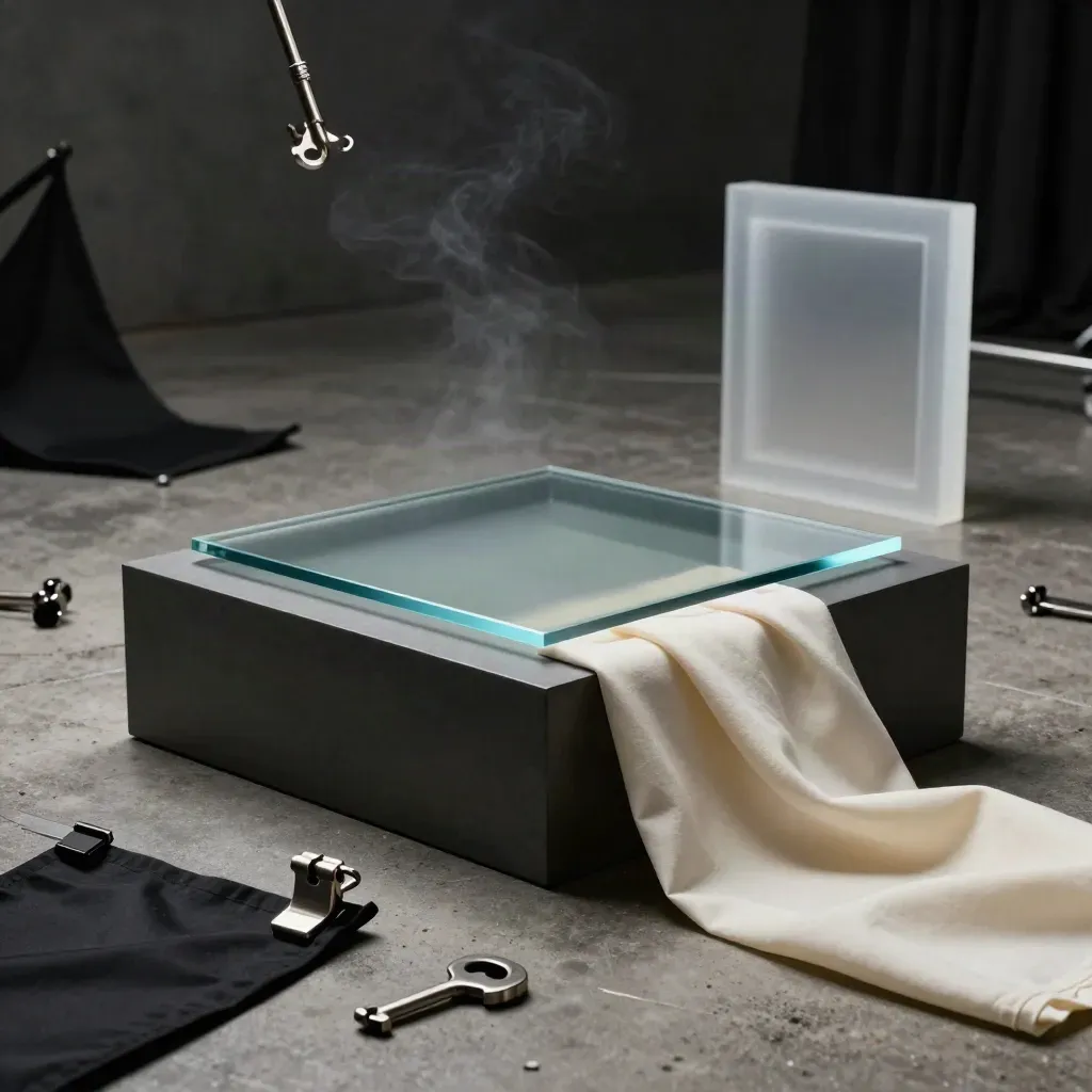 Moody studio brand-film set with pedestal, smoked glass, silk and blue rim light
