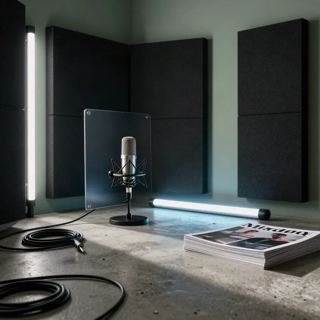 Moody Mirgo Media studio corner with podcast gear, panels, stills, and blue glow.