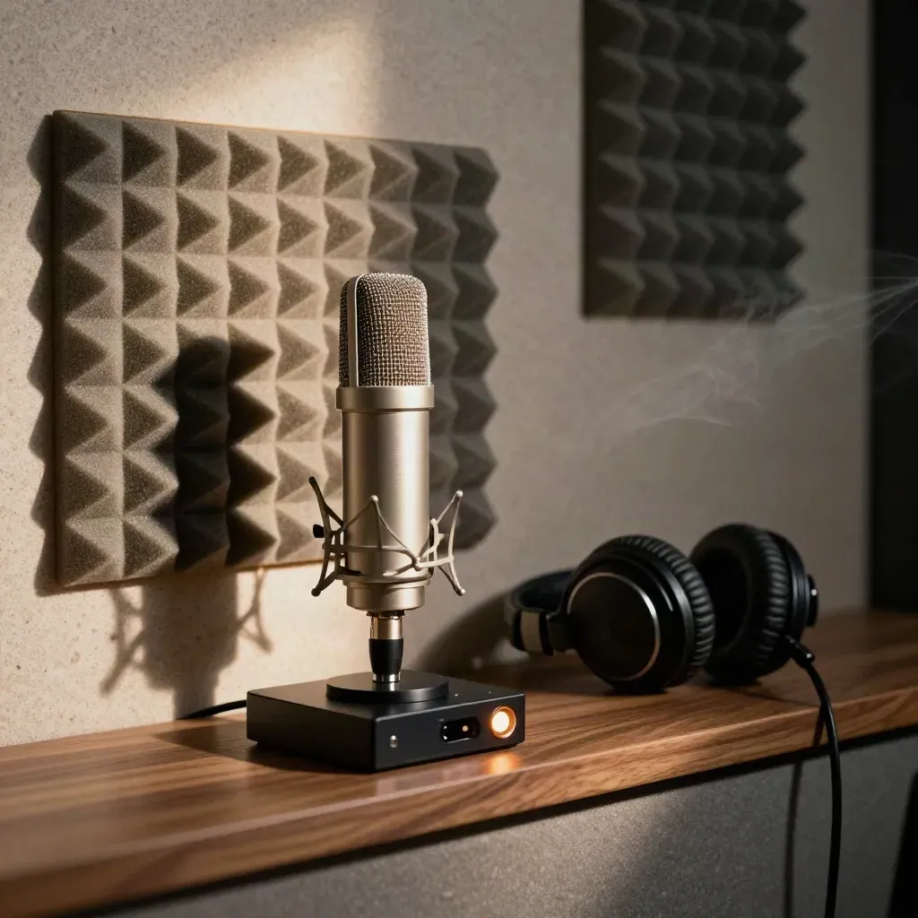 Podcast mic, headphones and audio interface in a warm studio corner with afternoon light.