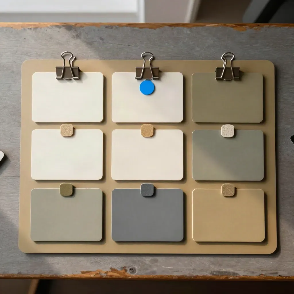 Top-down content calendar flatlay with magnetic cards, color chips, clips and a khaki desk mat.