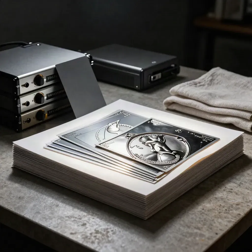 Silver proof prints, gray card, export drives, and cloth on a lightbox bench
