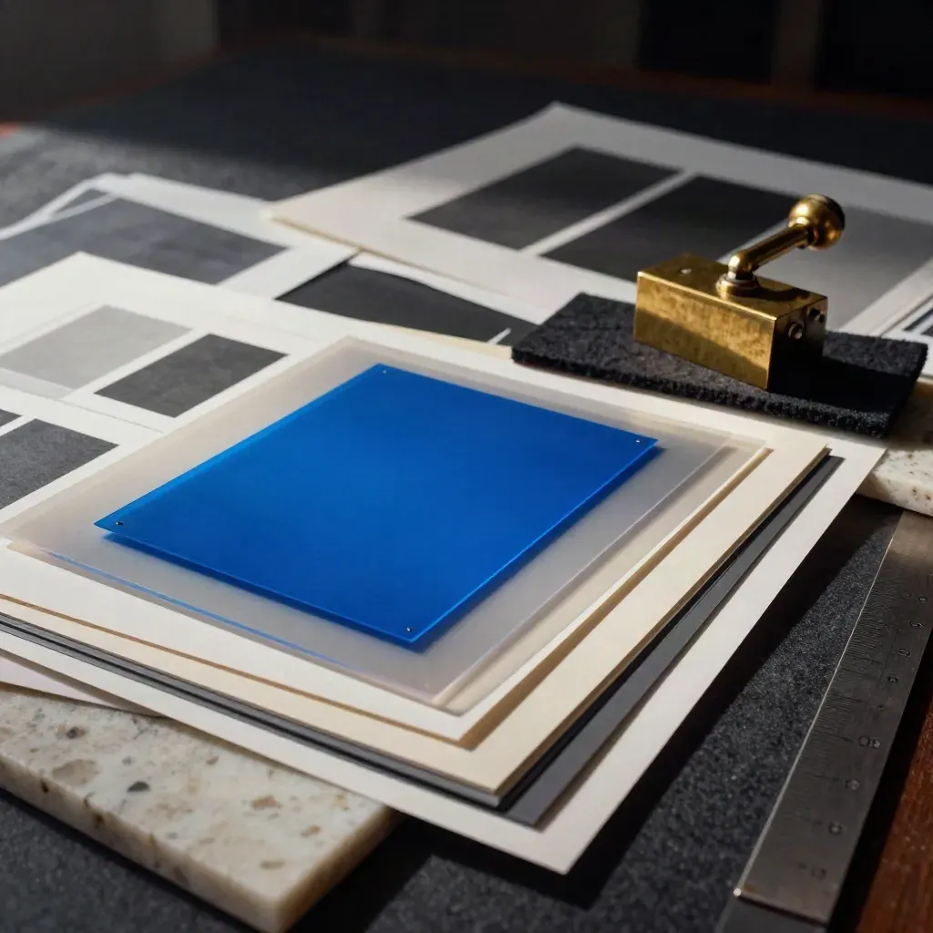 Color swatches, acetate overlays and print proofs with a brass paperweight on charcoal felt.