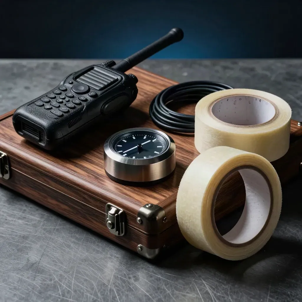 Producer prep kit: timer, walkie, batteries, cable ties and gaffer tape on a walnut workbench.