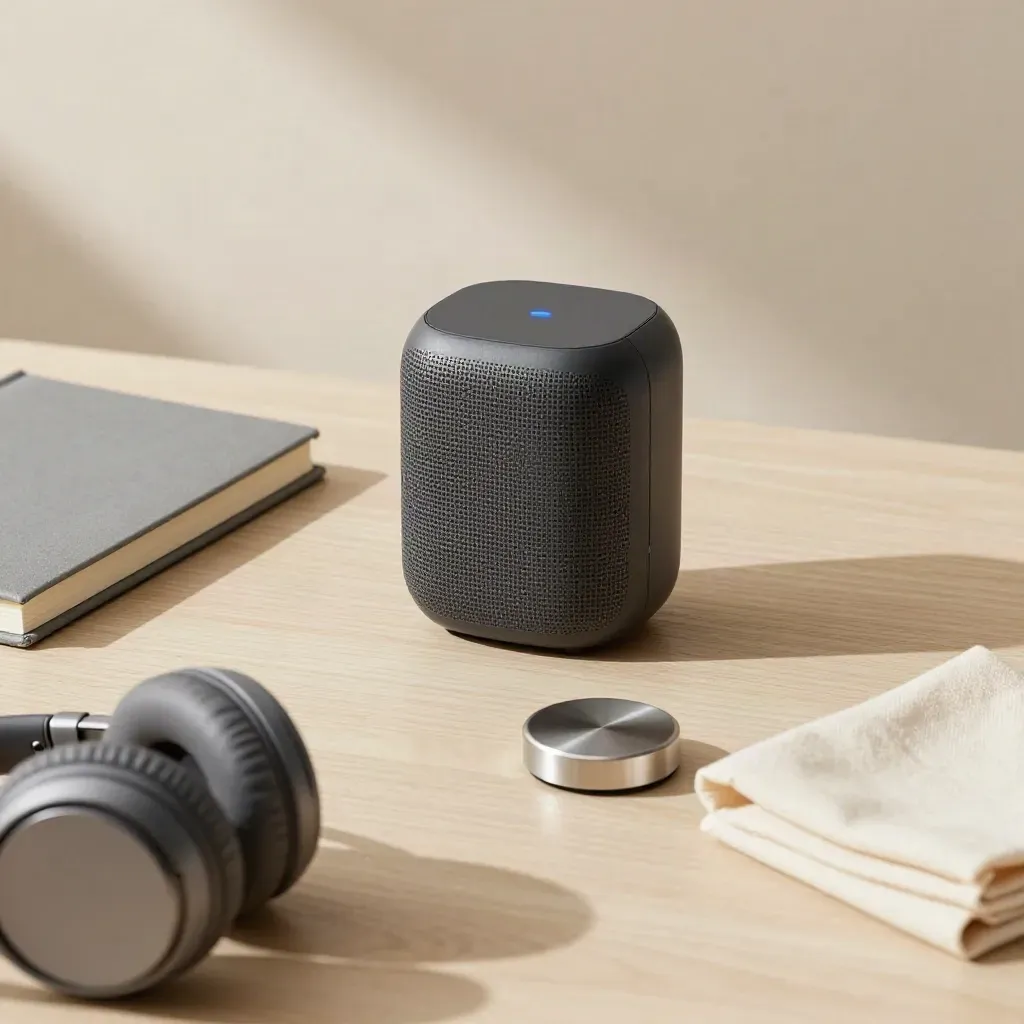 Speakerphone, notebook, and headphones staged on pale wood for an intro call.