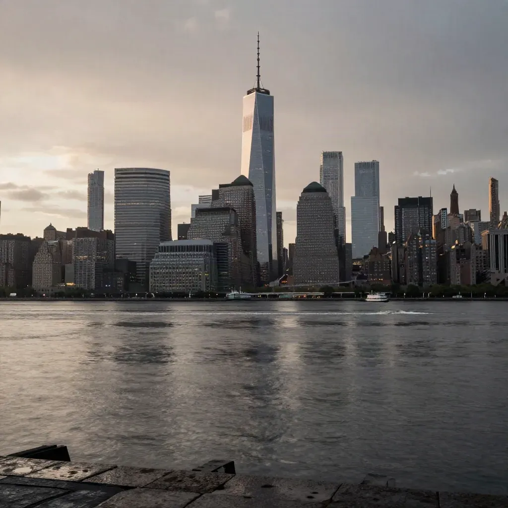 Manhattan skyline above the East River at blue hour, hazy and calm