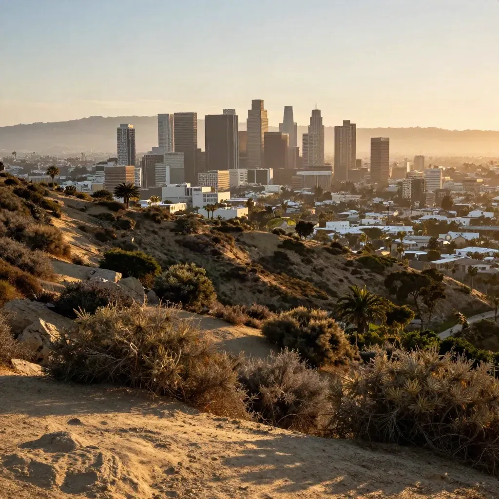 Golden-hour Los Angeles skyline from a scrubby overlook, hazy basin and open foreground.