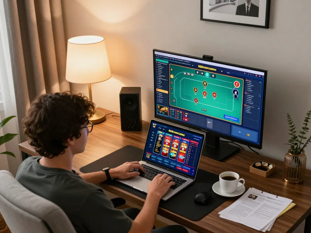 Engaging gameplay on 888newcasino showcasing poker and slot action in a stylish home setting