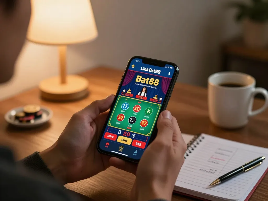 Engaging gameplay on Link Bet88 app in a cozy home setting, highlighting responsible gaming.