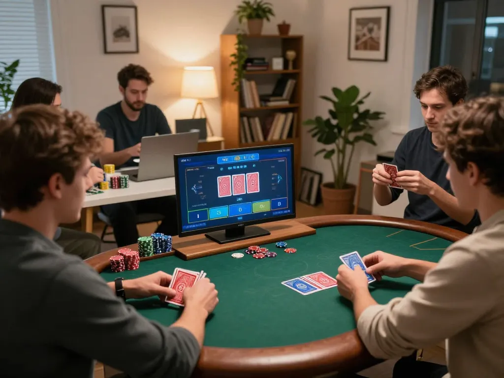 Players strategizing in an engaging online poker game on 32win, showcasing dynamic gameplay on sleek devices.
