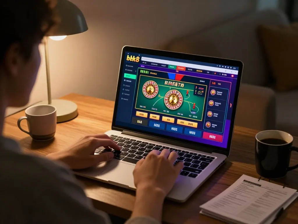 Player engaging with bk8 online gambling platform, focused on strategic gameplay at home
