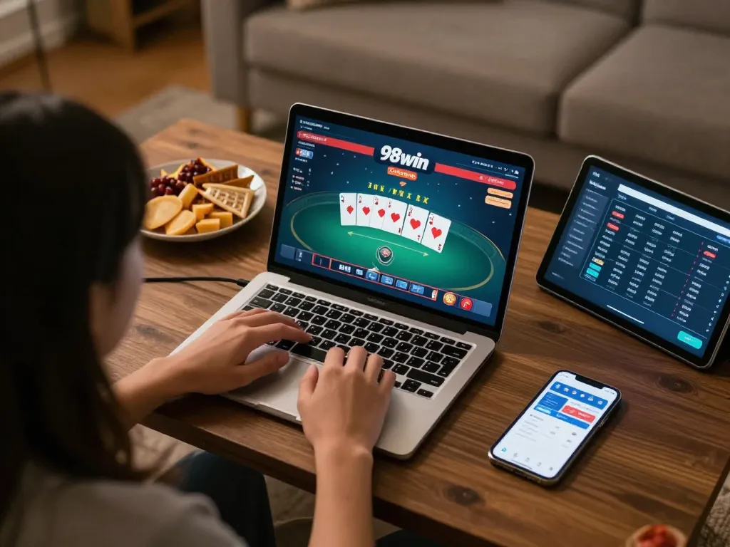 Engaged player experiencing online poker action on 98win from a cozy home setup