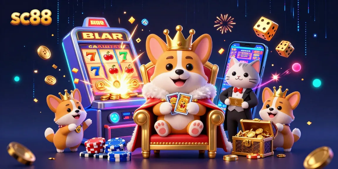 Engage with sc88 exciting casino visuals featuring a royal corgi and vibrant gaming symbols.