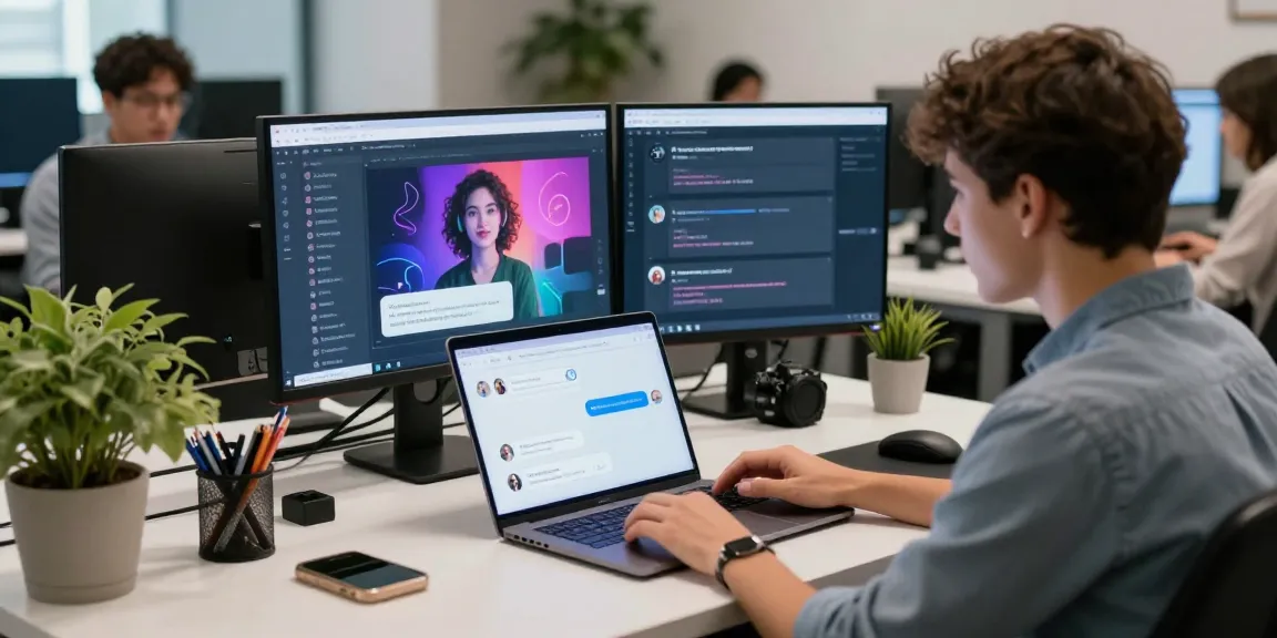 Engaging NSFW chat AI experience on a stylish laptop in a modern tech office.