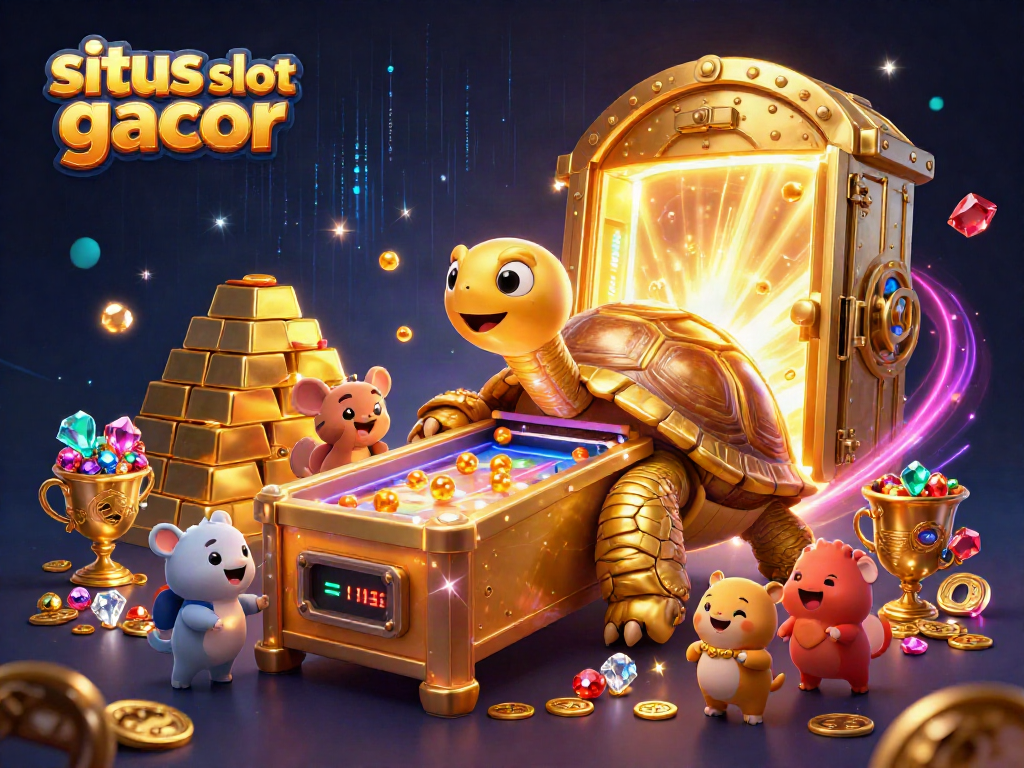 Engage with situs slot gacor as golden creatures gather around a colorful pinball machine in a treasure-filled casino.