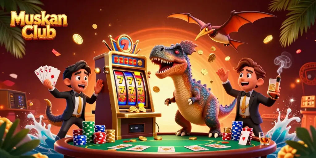 Muskan Club features a pachycephalosaurus triggering a jackpot at a slot machine amidst a lively casino scene.