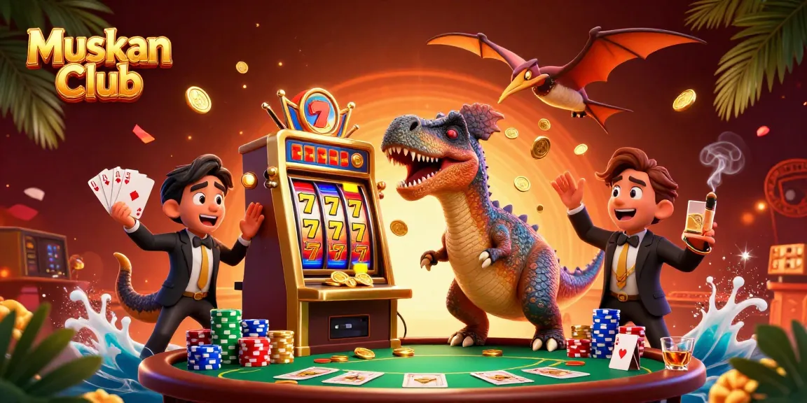 Muskan Club features a pachycephalosaurus triggering a jackpot at a slot machine amidst a lively casino scene.
