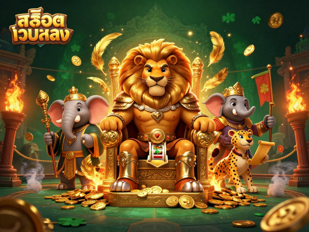 Experience thrilling adventures with สล็อตเว็บตรง visuals showcasing a regal lion king and casino elements.