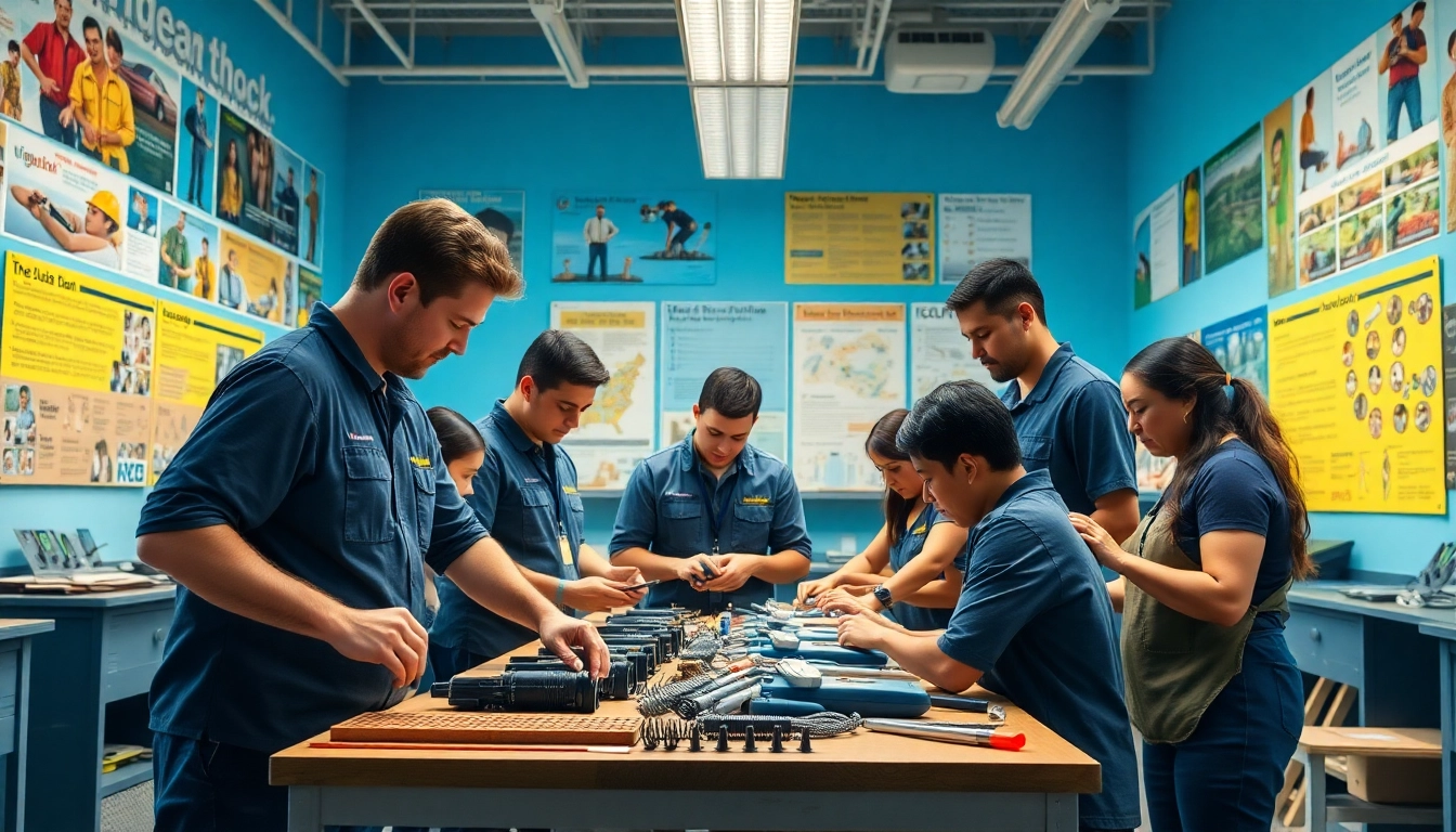 Students learning practical skills at a trade school Hawaii with instructors guiding the hands-on training.