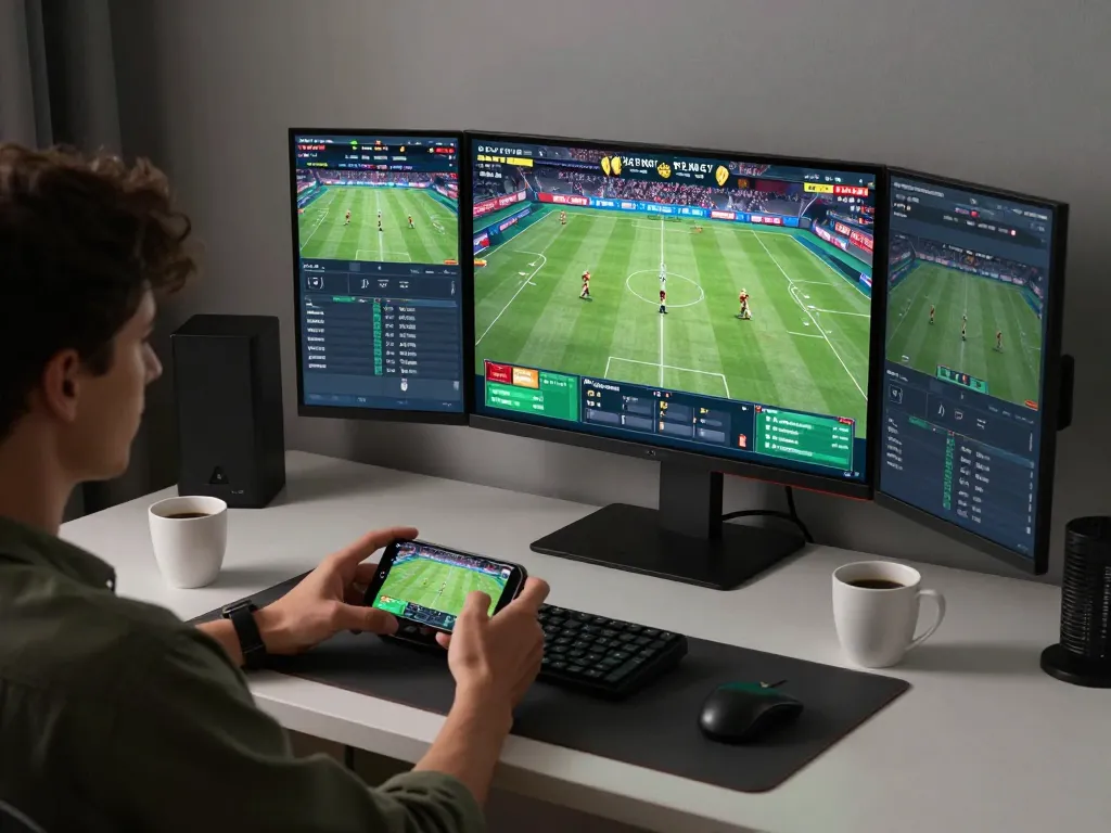 Engaging in sports betting on fb88 with smartphone in modern home setup, highlighting responsible gaming.