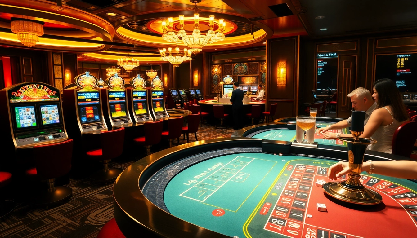 Capture the excitement as players 'নিবন্ধন করুন' in a lavish casino; featuring tables and vibrant slot machines.