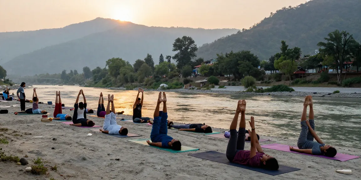 Yoga teacher training in Rishikesh India with students practicing asanas by the Ganges during sunset.