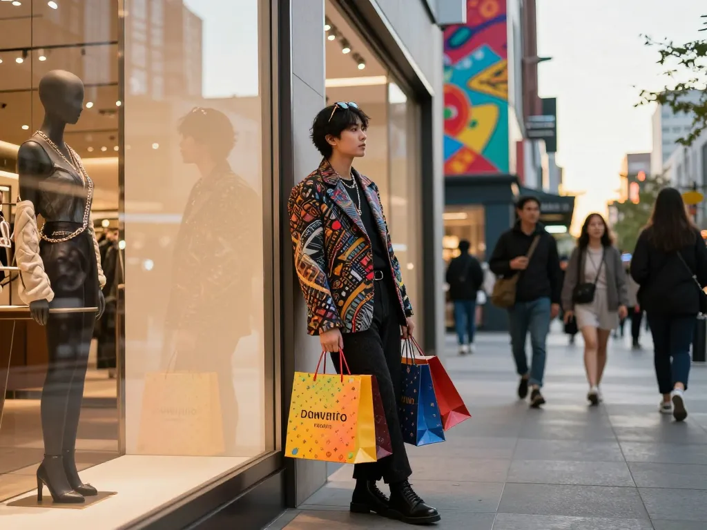 Person in stylish outfit showcasing luxury 레플리카 accessories in an urban shopping district.