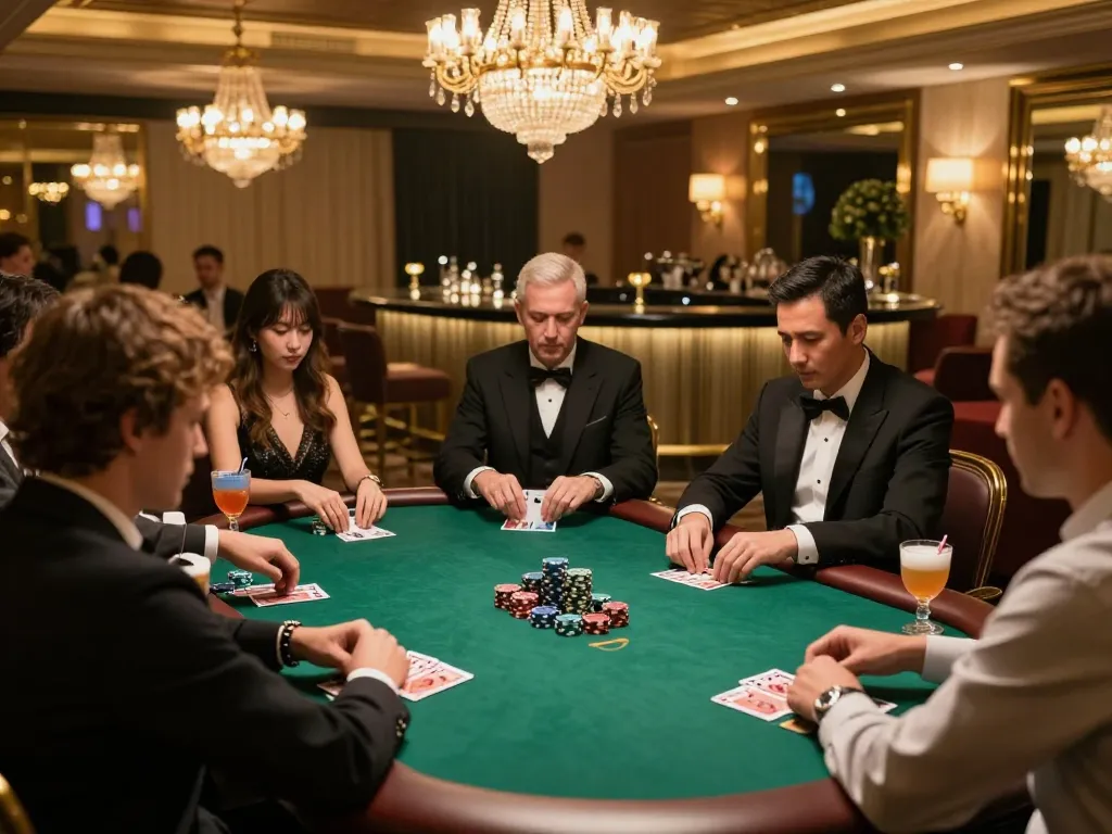 VIPWin poker players engaged in a high-stakes game, showcasing strategic moments and elegant decor.
