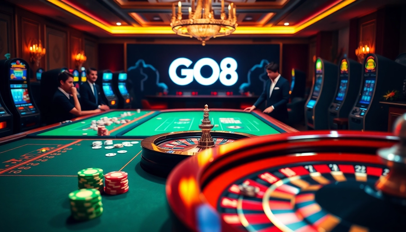 Players celebrating their wins at GO8 casino tables with poker chips and vibrant slot machines.
