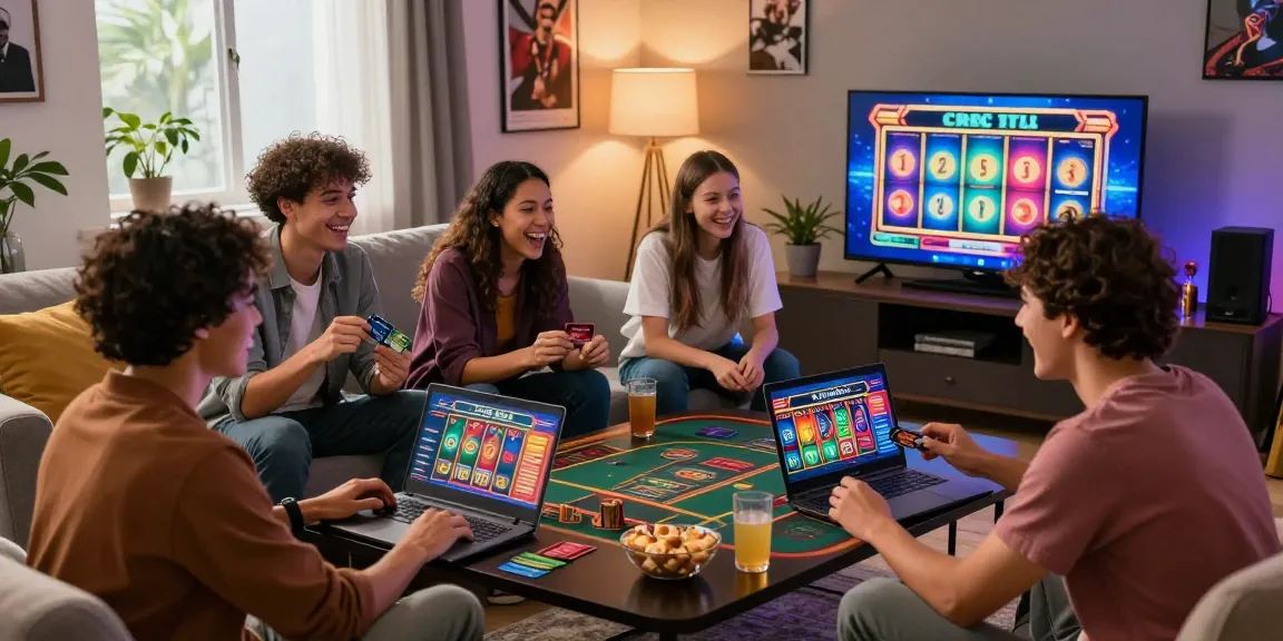 Group enjoying an online credit card casino game at home, featuring vibrant gaming setup and relaxed atmosphere at brcs.co.uk