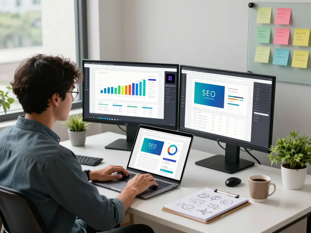 Freelance web designer in Malaysia analyzing SEO performance at a modern office workspace, showcasing creative digital marketing.
