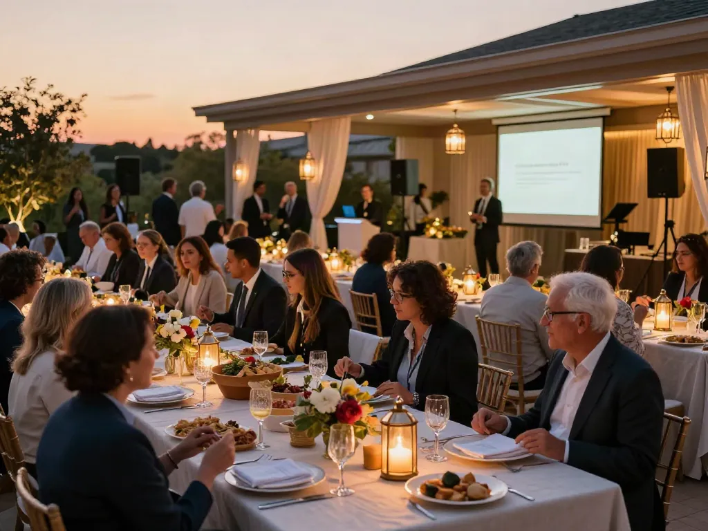 Event rental KSA showcasing a luxurious outdoor networking event setup with elegant tables and AV equipment.