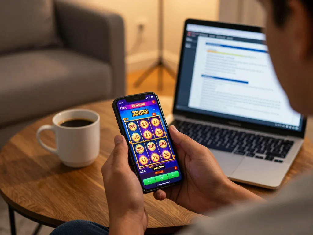 Enjoying a slot bet 200 perak on a mobile app in a cozy setting, showcasing strategic online gaming.