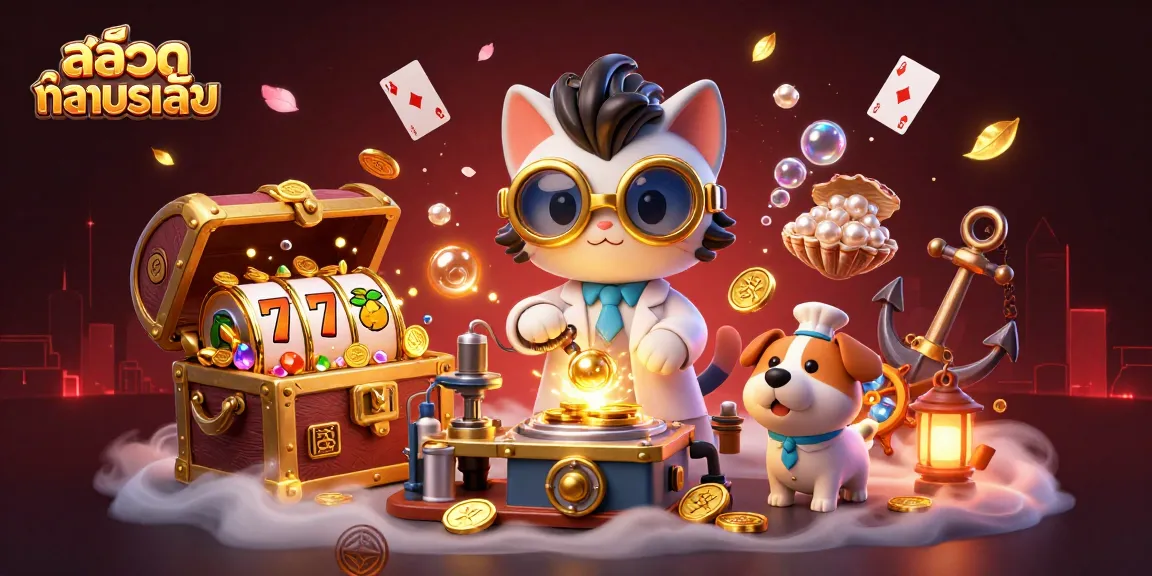 Engage with สล็อตทดลองเล่น as a mad scientist cat creates a gold-coin machine amid exciting casino elements.