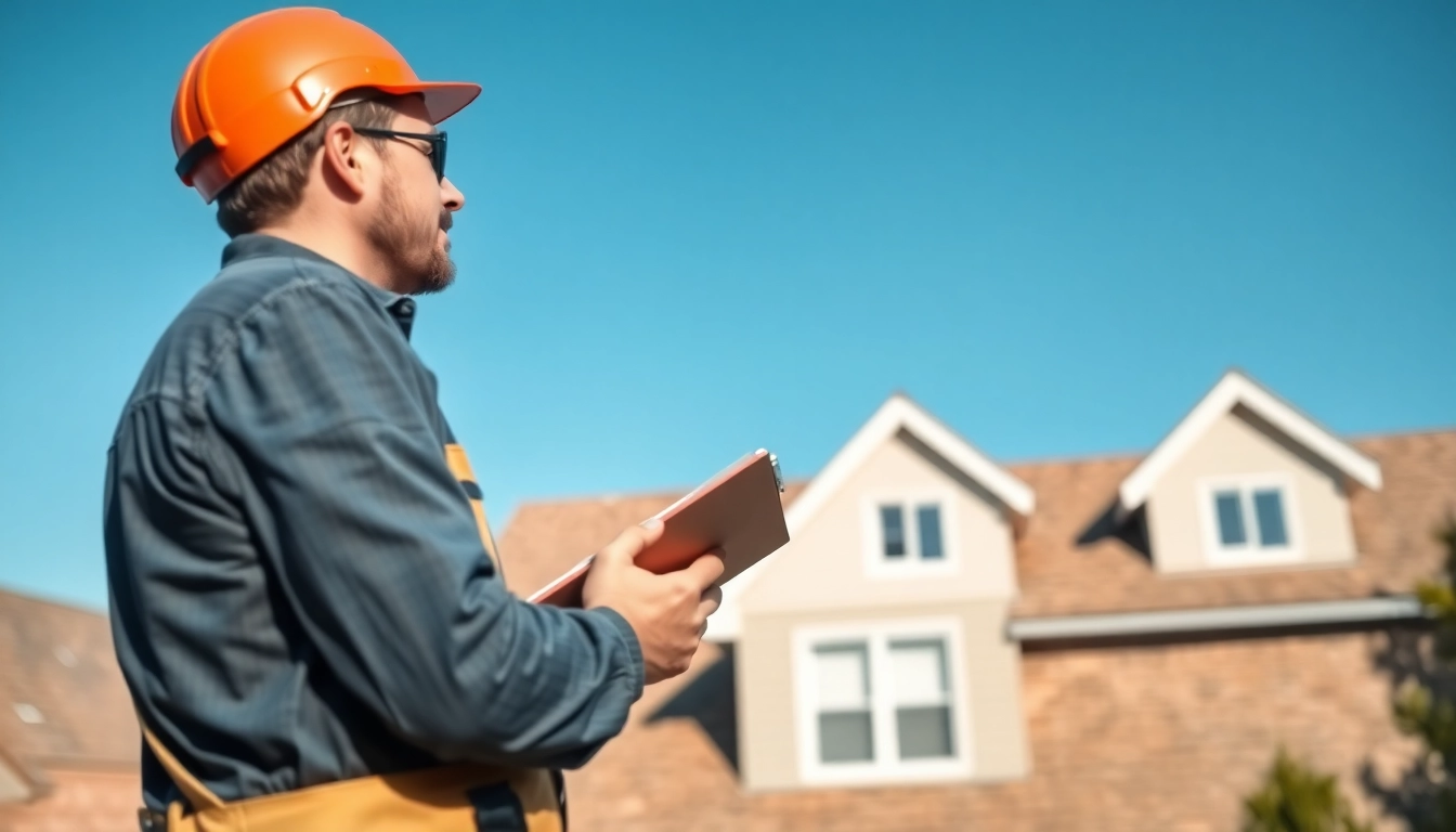 Inspecting roof repair needs with a professional contractor outdoors.