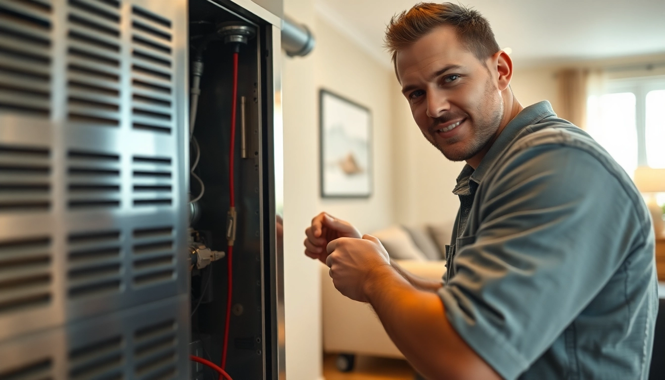 Technician performing furnace installation st. paul with precision and care in a cozy home setting.