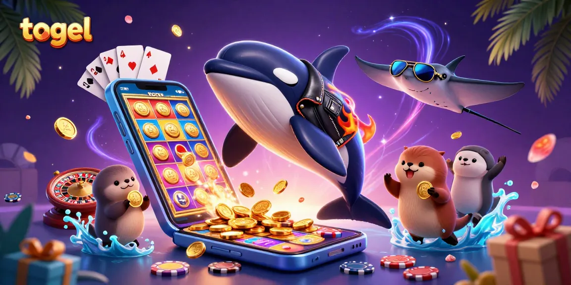 Engage in togel excitement with a playful scene featuring an orca, stingray, and otters amidst dynamic casino elements.