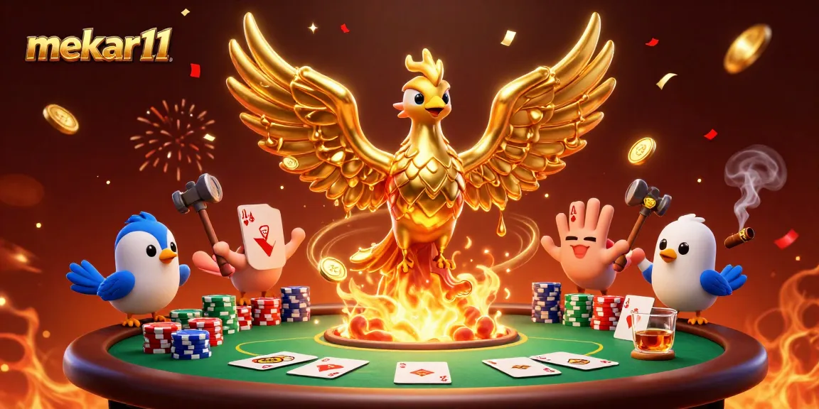 Mekar11 expands excitement with a mystical golden phoenix rising amidst poker elements and vibrant confetti.