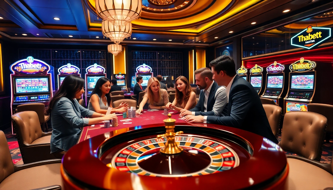 Thabet77 casino scene featuring poker chips, cards, and players strategizing bets.