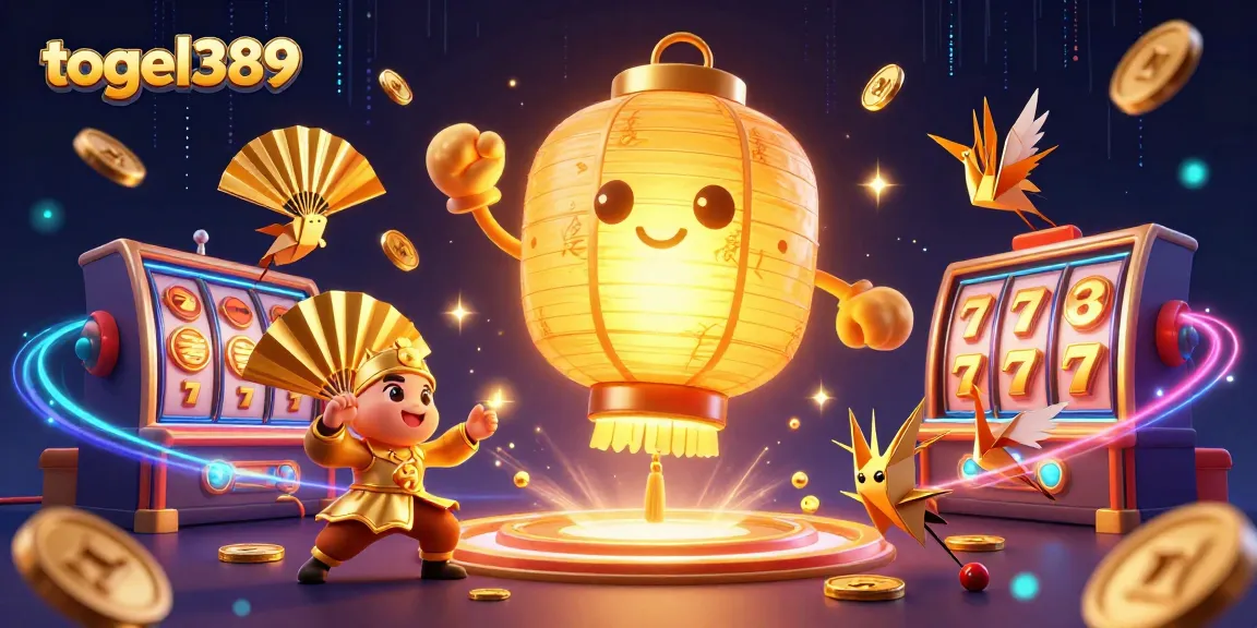 Engage with togel389's vibrant casino atmosphere featuring a glowing lantern spirit amidst dynamic slot machines and gaming elements.