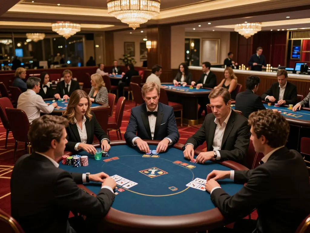Kuwin players strategizing in a luxurious casino VIP lounge with high-stakes poker games