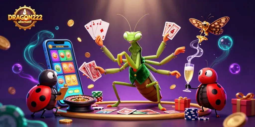 Engage in thrilling gameplay with DRAGON222 alternatif alongside vibrant casino elements and characters.