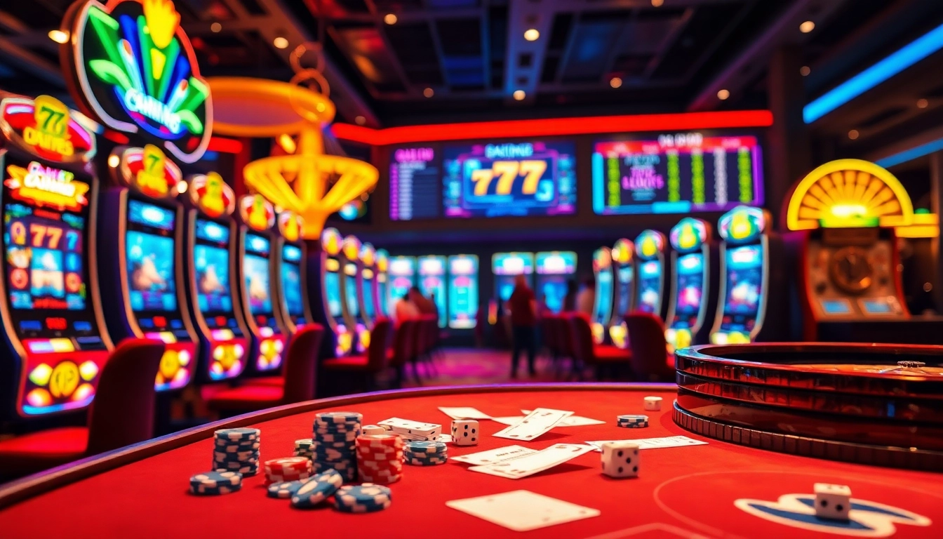 Players experiencing excitement at slot 777 machines surrounded by vibrant casino elements.