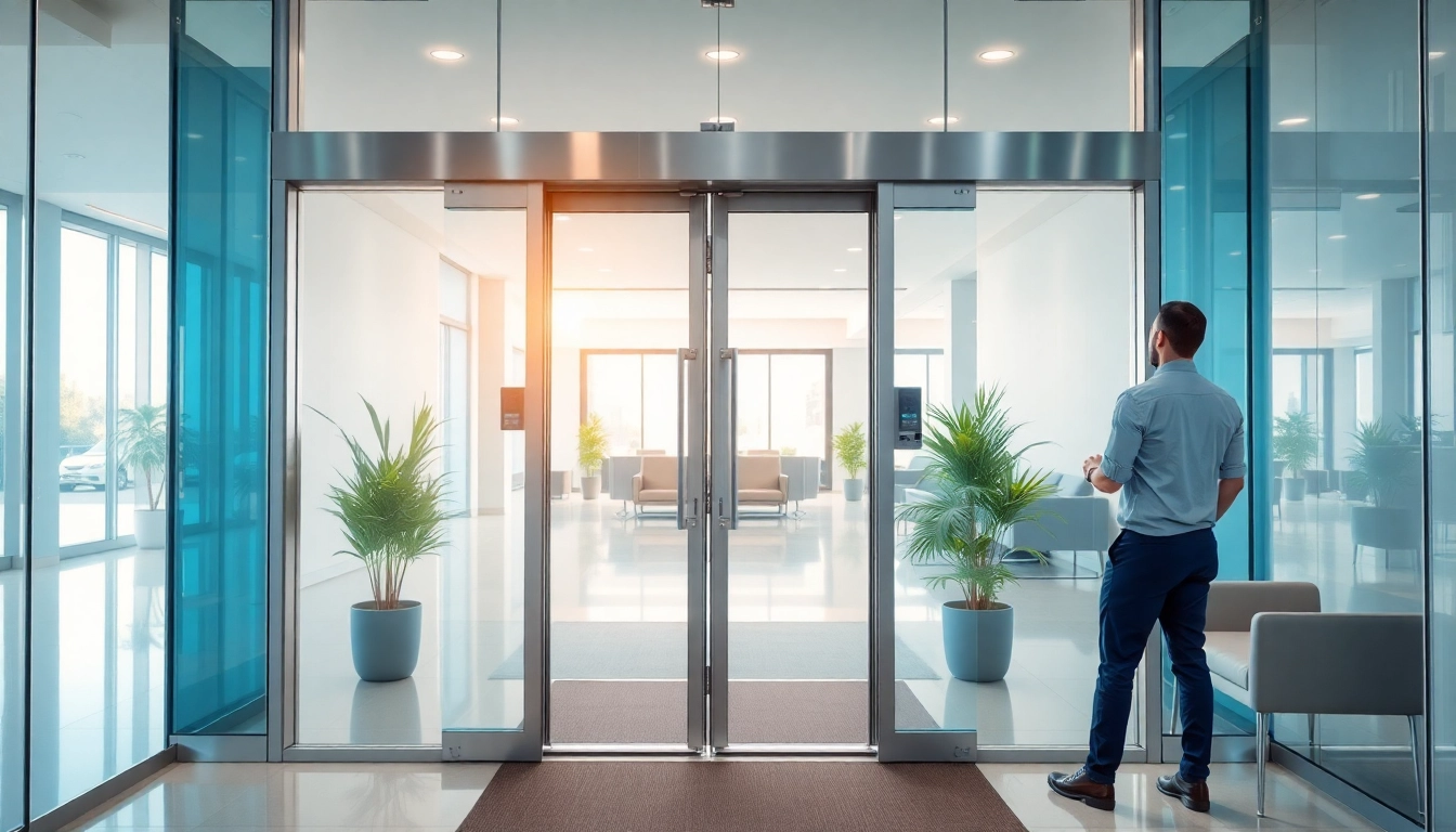 Technician adjusting Commercial Automatic Doors in a modern corporate lobby, showcasing functionality and professionalism.