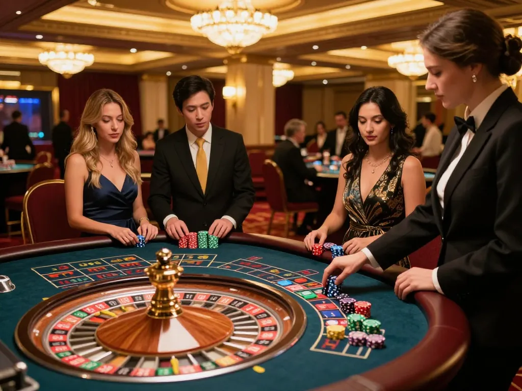 Exciting roulette gameplay scene featuring f8beta2 chip placements and croupiers in upscale casino.